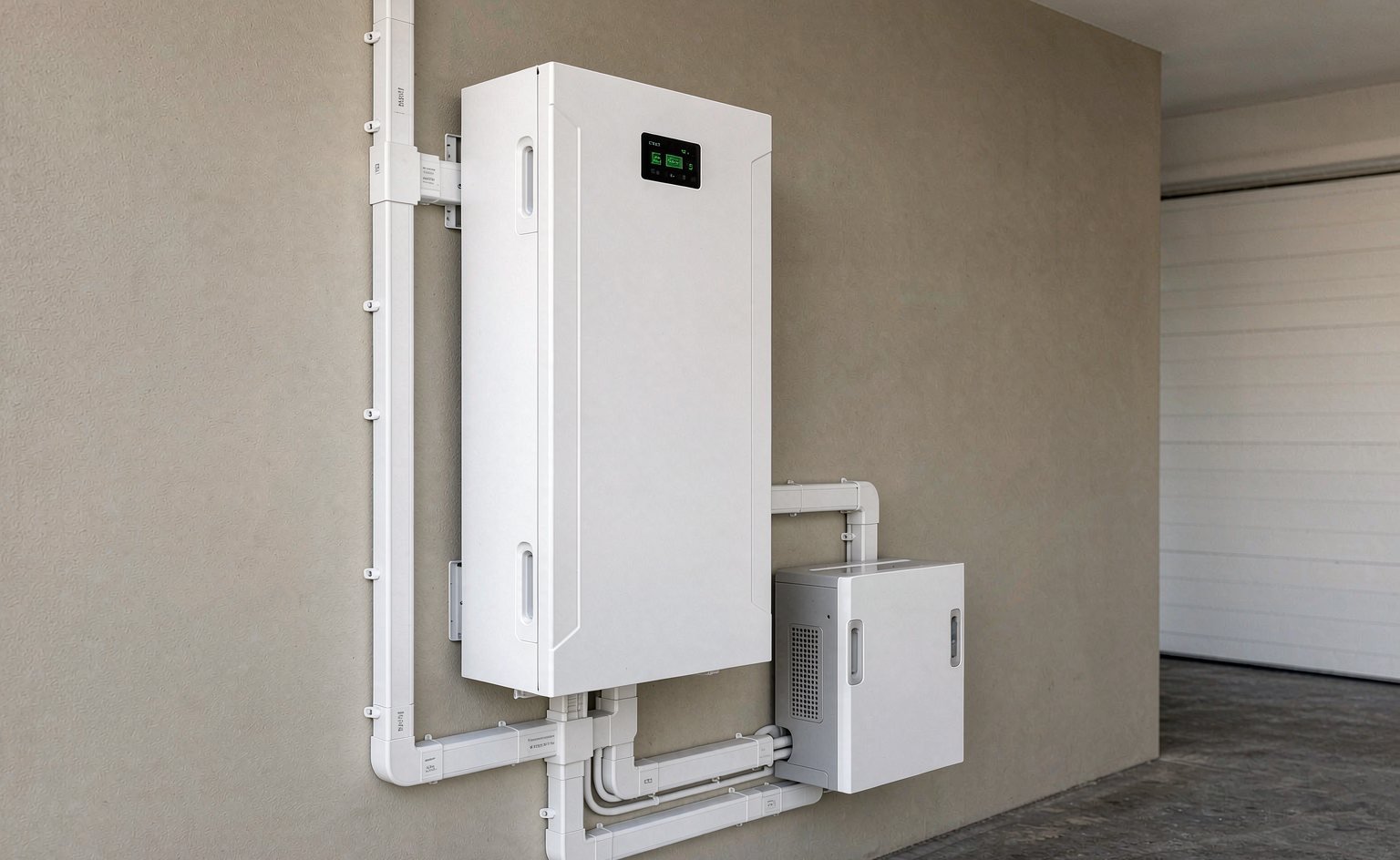 White wall-mounted home battery unit with a status display beside a compact hybrid inverter, cabled in neat surface trunking