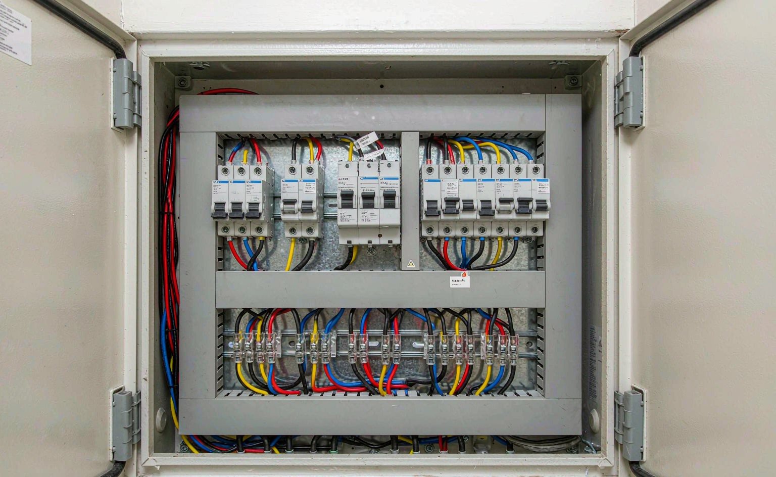 Residential electrical switchboard with miniature circuit breakers, safety switches and a grid-tie changeover device