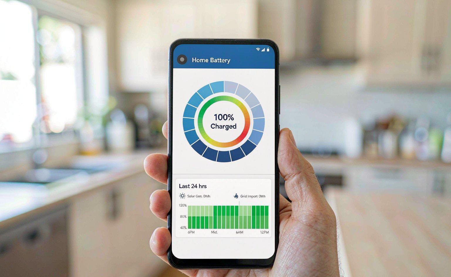 Smartphone showing a home battery monitoring app with state of charge and a 24-hour solar and grid import chart